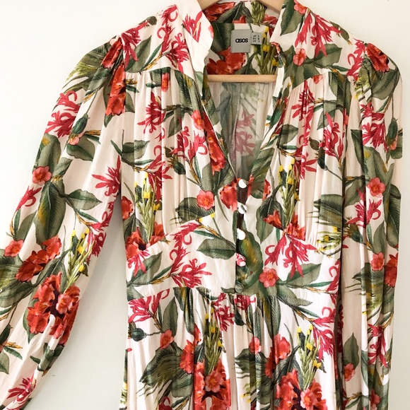 ASOS Long Sleeve Tropical Print Midi Dress Size 4 - Picture 14 of 16